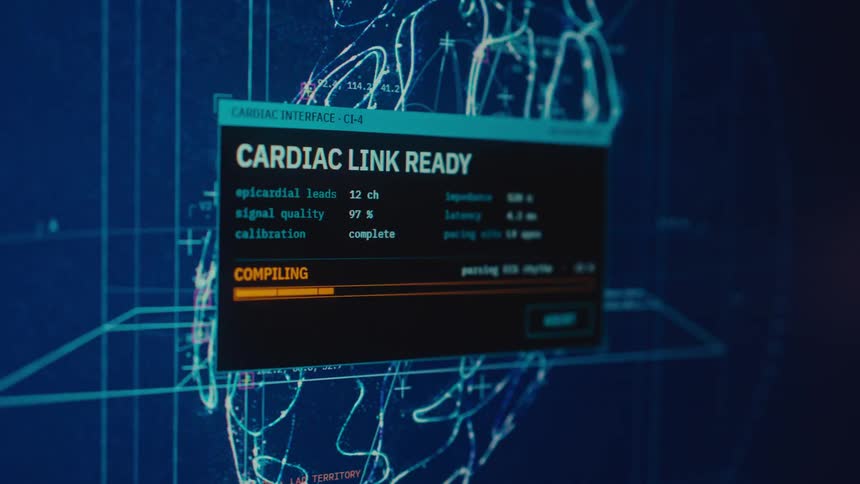 A futuristic medical user interface activates a cardiac link, displaying a 3D heart model and compiling data on a digital screen