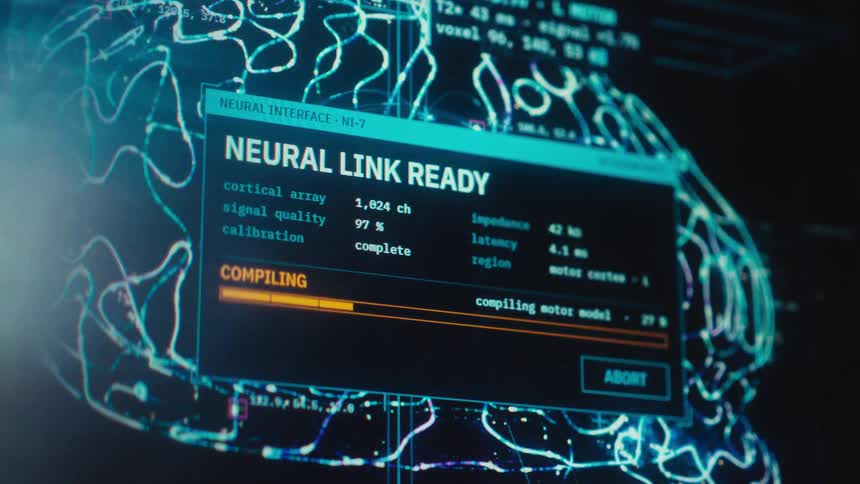 A futuristic user interface activates a neural link, compiling data against a digital brain scan on a computer screen
