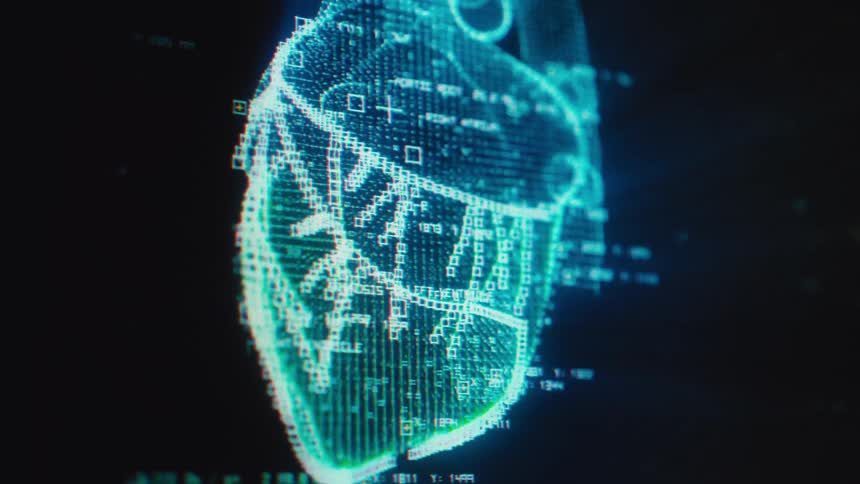 A close up on a futuristic EKG monitor showing a digital, holographic representation of a human heart undergoing a diagnostic scan