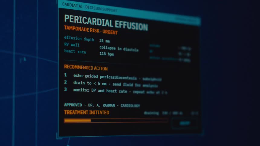 A futuristic medical AI interface shows an urgent cardiac diagnosis, recommended actions, and treatment progress