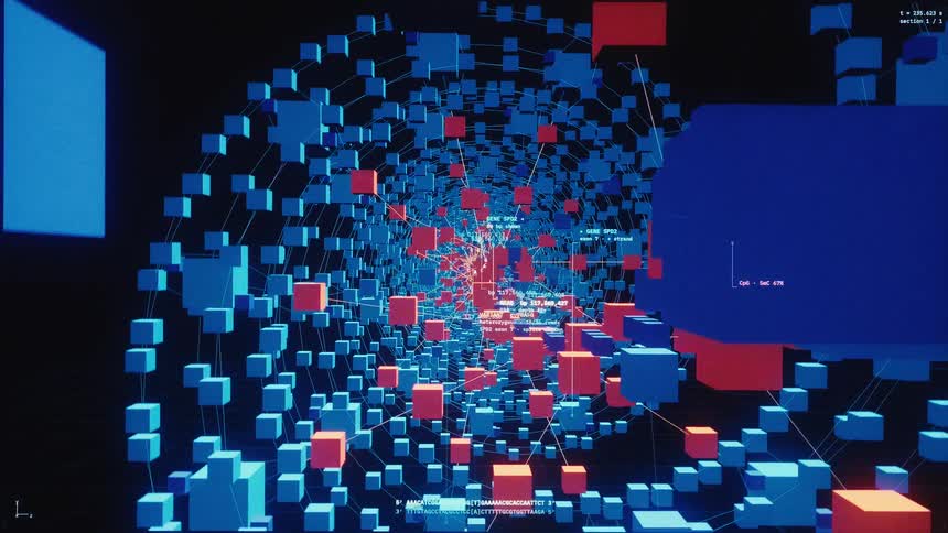 An intricate computer animation visualizes complex scientific data as a journey through a network of interconnected blue and red blocks representing a molecular structure