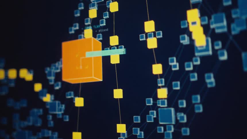 Futuristic animation of a gene editing process, showing data analysis and sequence matching on a digital interface