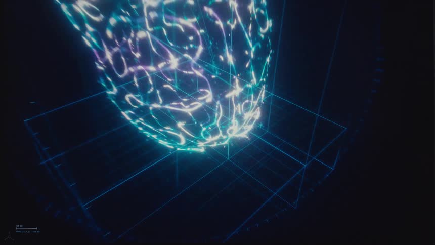 Advanced medical technology performs a futuristic scan on a glowing digital heart, which disintegrates to reveal diagnostic data