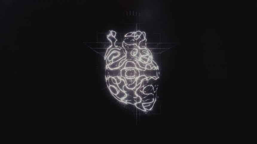 An advanced medical interface displays a 3D wireframe model of a human heart to diagnose an arrhythmia