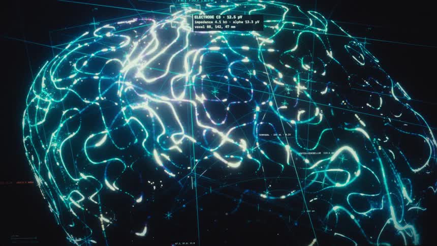 A rotating, glowing digital model of a human brain is analyzed with futuristic data overlays and graphics