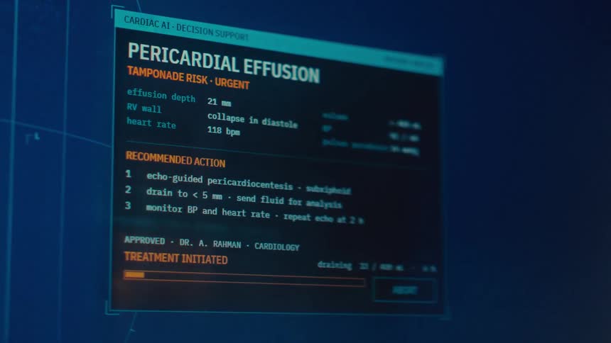A futuristic cardiac AI support system identifies a pericardial effusion, recommends action, and monitors the approved treatment on a screen