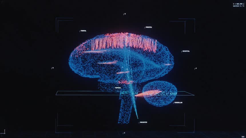 A futuristic data visualization interface analyzes a 3D digital model of the human brain, showing neural activity and pathways with glowing particles