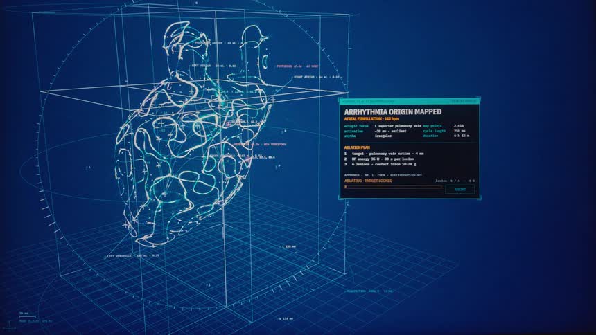 Futuristic medical interface displays a 3D scan of a human heart, mapping an arrhythmia and planning an ablation procedure