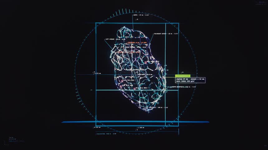 A futuristic computer interface performs a detailed scan and analysis of a digital human heart model
