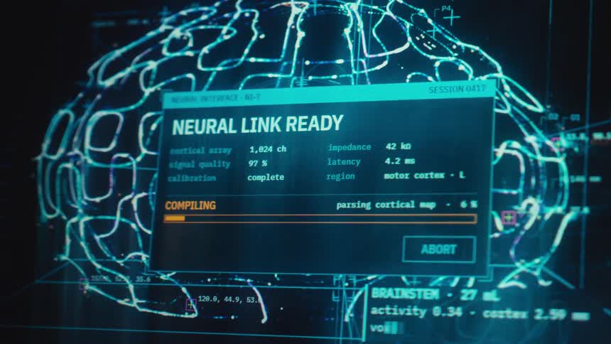An advanced user interface activates a neural link, compiling data from a digital brain scan in this futuristic animation
