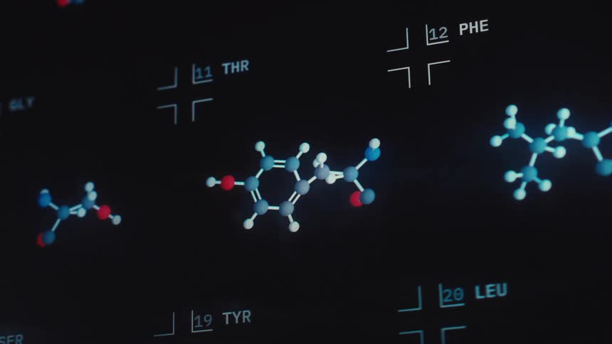 A close-up of a futuristic computer screen displaying a detailed analysis of glowing 3D molecular structures and amino acids