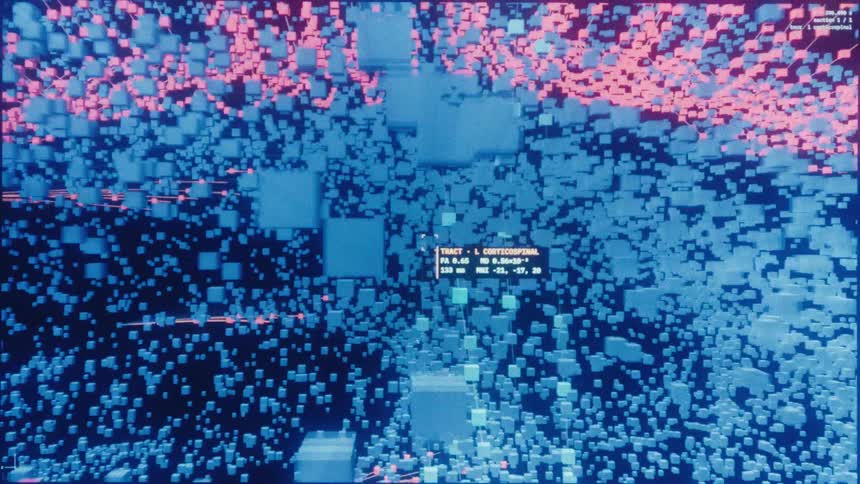 A futuristic 3D animation visualizes complex brain activity and neural pathways on a glowing digital interface