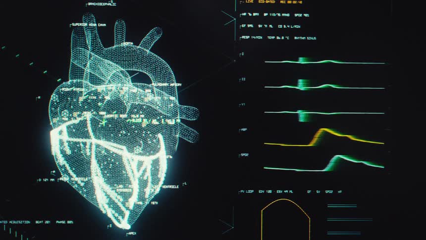 A futuristic digital medical monitor displays a holographic human heart with real-time vital signs and EKG readings