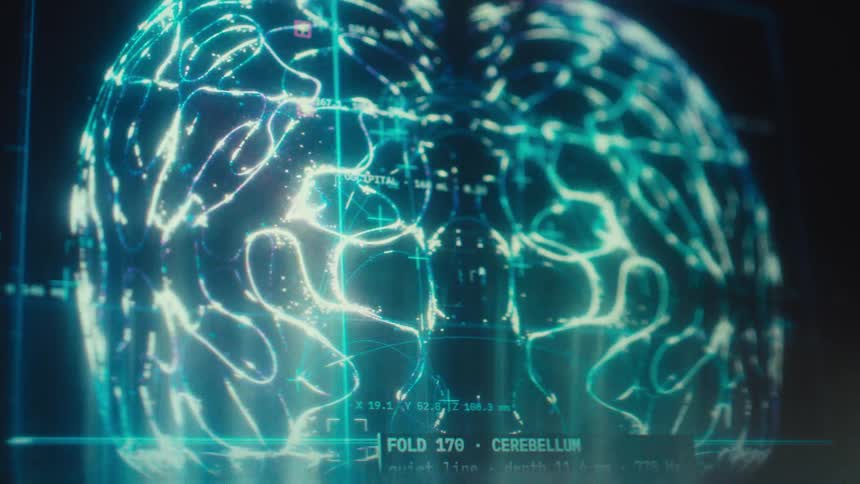 An advanced neurological scan shows a detailed digital rendering of a brain with flowing data and analysis text