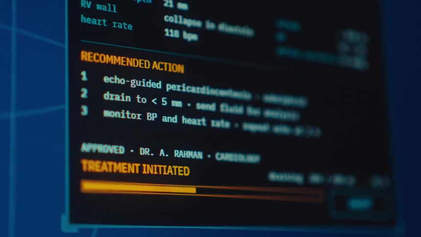 Close-up on a futuristic medical screen as a doctor approves a recommended treatment, initiating the procedure with a progress bar