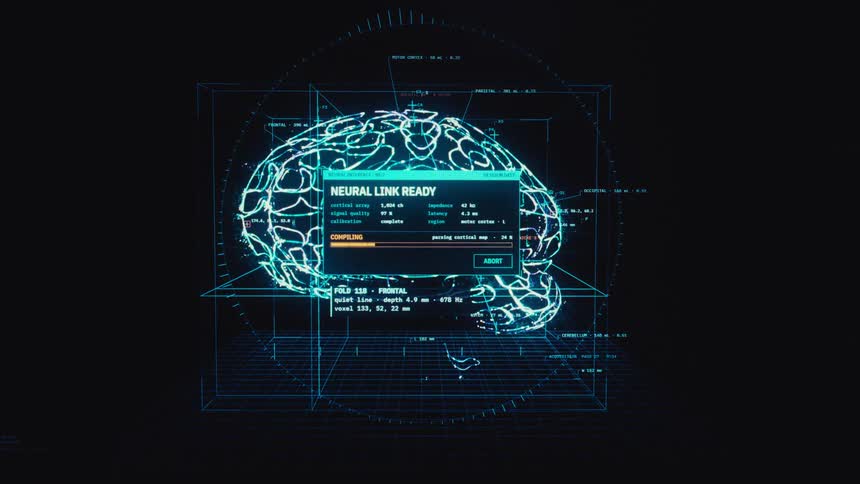 A futuristic heads-up display shows a digital brain scan being analyzed and a neural link being activated