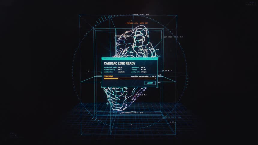 Advanced medical technology scans a holographic heart and activates a cardiac link on a digital display