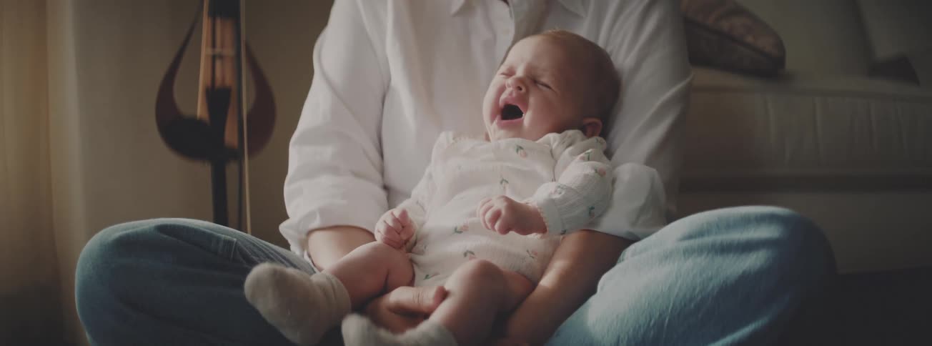 A sleepy newborn baby lets out a big yawn while resting comfortably in their parent's arms in slow motion