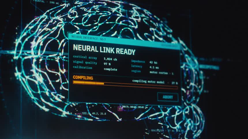A futuristic digital interface activates a neural link, showing a compiling process over a glowing brain scan