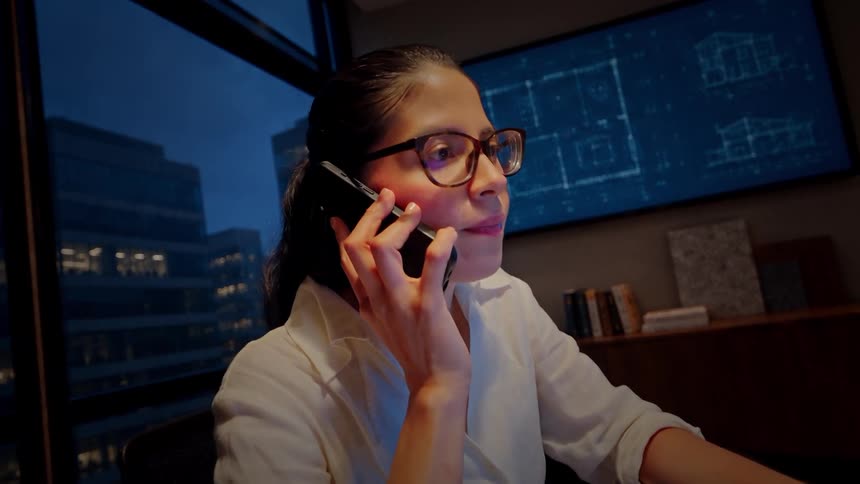 A female architect works late into the night on her laptop in a city office before taking a phone call and smiling