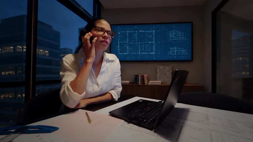 A professional female architect answers a phone call while working late on blueprints in her modern city office
