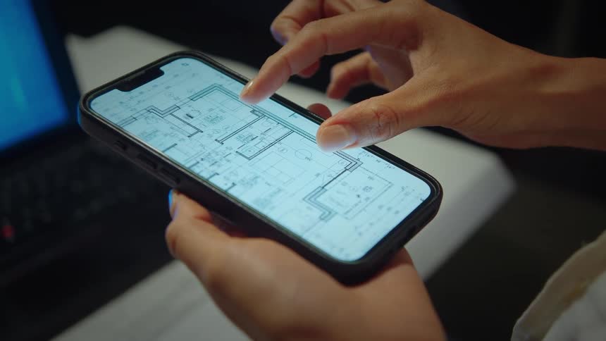 Close up of an architect's hands reviewing a digital blueprint of a floor plan on a smartphone