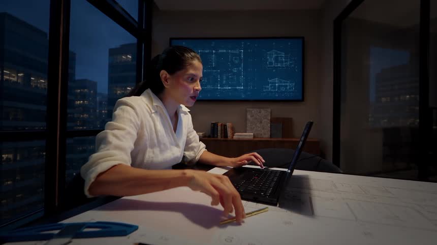 A female architect works late into the night in a modern city office, using her laptop and making notes on blueprints spread across her desk
