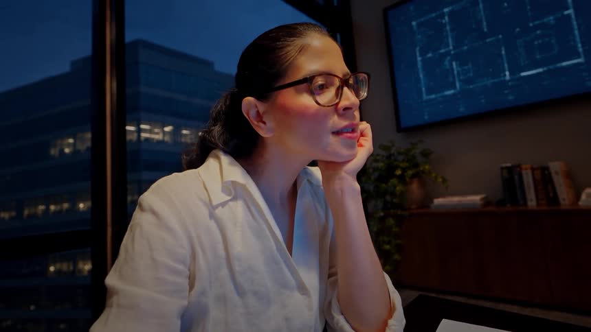 A female architect works late in her modern office, thoughtfully reviewing a digital blueprint on her screen against a city nightscape