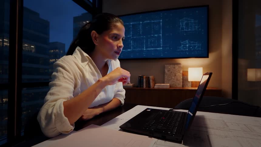 A dedicated female architect works late into the night, analyzing digital blueprints on her laptop in a modern city office