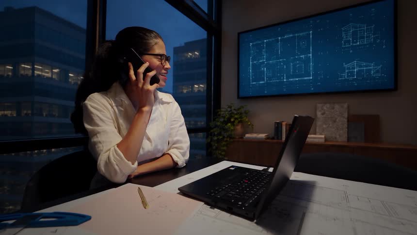 An architect has a phone conversation in her modern office at night, with blueprints displayed on a screen and her desk