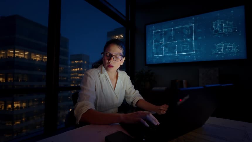 A focused female architect wearing glasses works on her laptop late at night in a modern office with blueprints displayed on a screen behind her