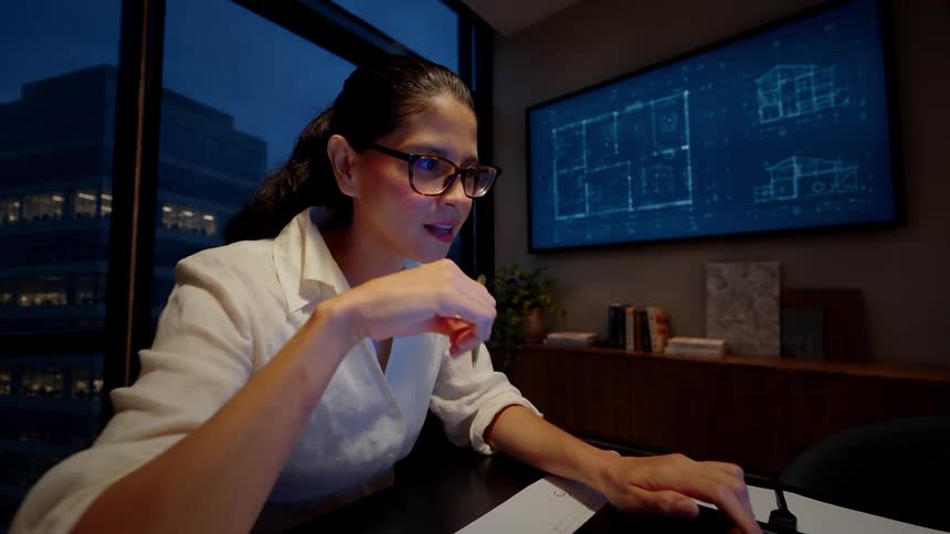 A female architect wearing glasses smiles while working late at night in a modern office with blueprints displayed on a large screen behind her