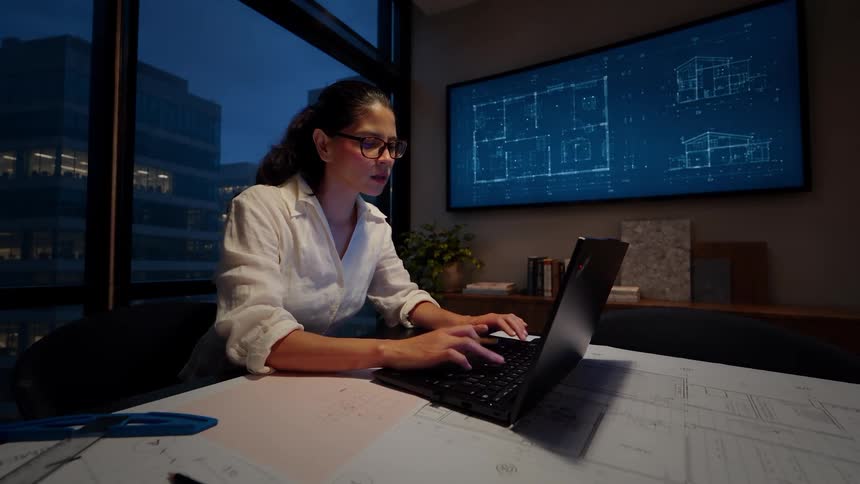 Focused female architect works diligently on her laptop late at night in a modern office with blueprints displayed on a large screen