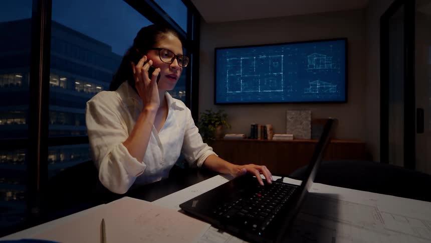A female architect works late, talking on the phone while using her laptop to review blueprints in her modern office at night