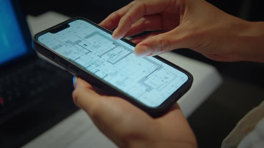 An architect carefully examines a digital floor plan on their smartphone, zooming in to see the details