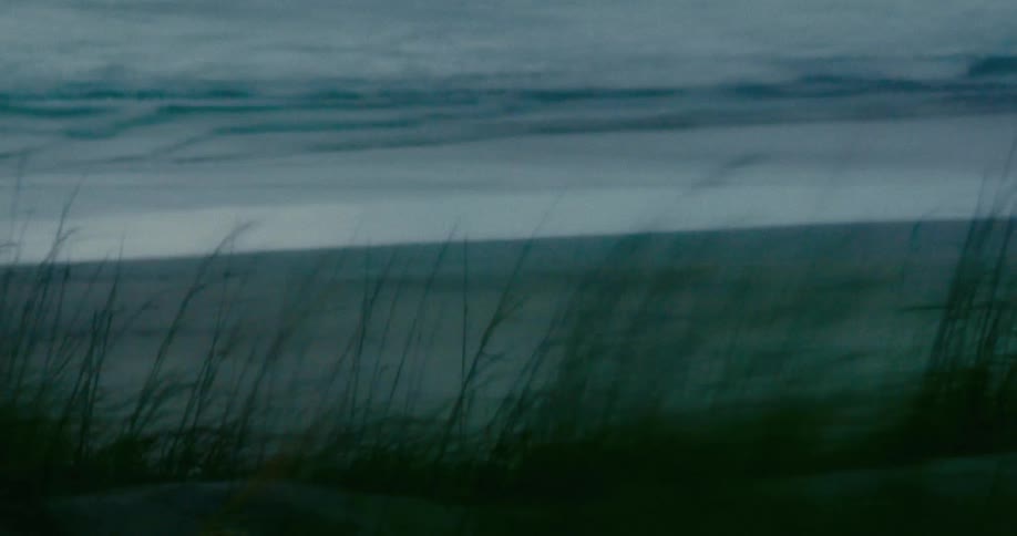 A moody, atmospheric view from a grassy dune as gentle ocean waves roll ashore at dusk