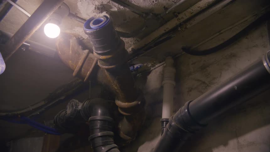 Old plumbing pipes in a dark basement are revealed by a flickering light bulb