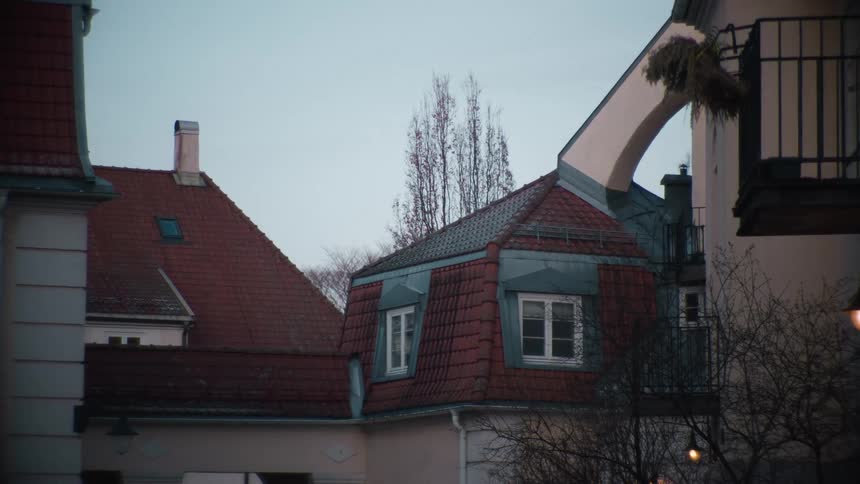 The tiled mansard roofs of European buildings stand silently against a gloomy, overcast sky