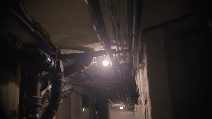 A slow pull-back shot reveals the pipes and wiring along the ceiling of a dimly lit, industrial basement corridor