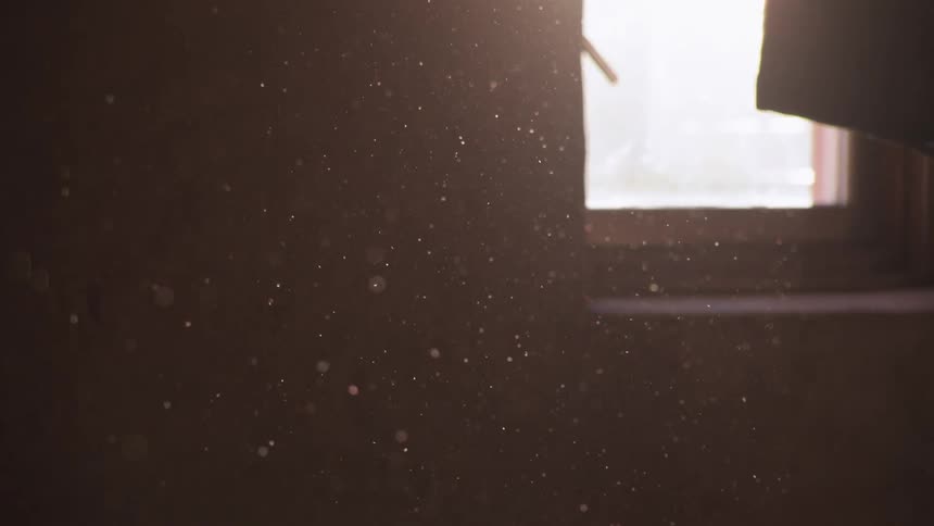 Warm sunlight streams through a window, illuminating dust particles floating in a dark room