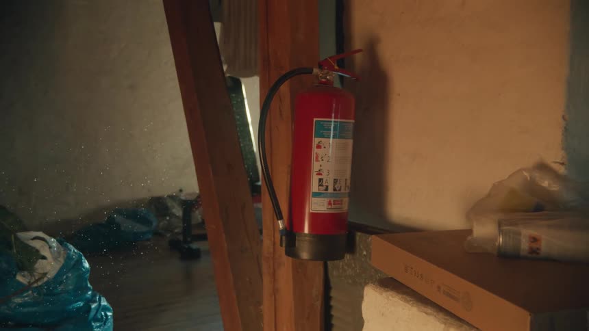 Slow zoom out from a red fire extinguisher hanging on a wooden beam in a dusty, cluttered attic