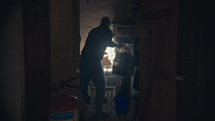 A man's silhouette is seen cleaning and organizing a dusty, sunlit storage room in slow motion