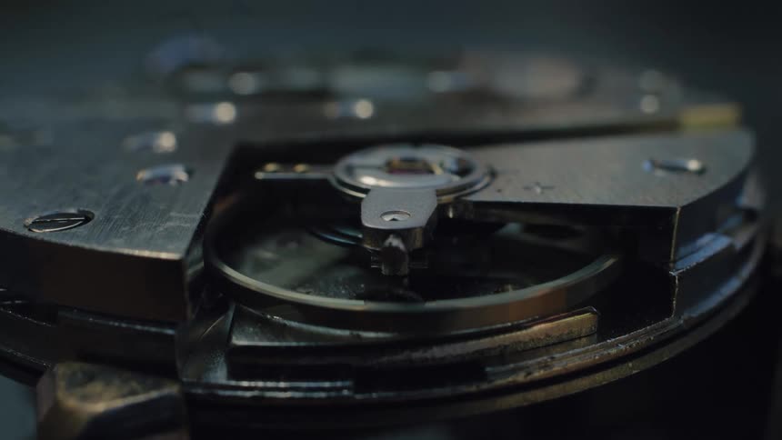 A detailed macro shot shows the intricate inner workings of an antique watch, with the balance wheel oscillating rapidly