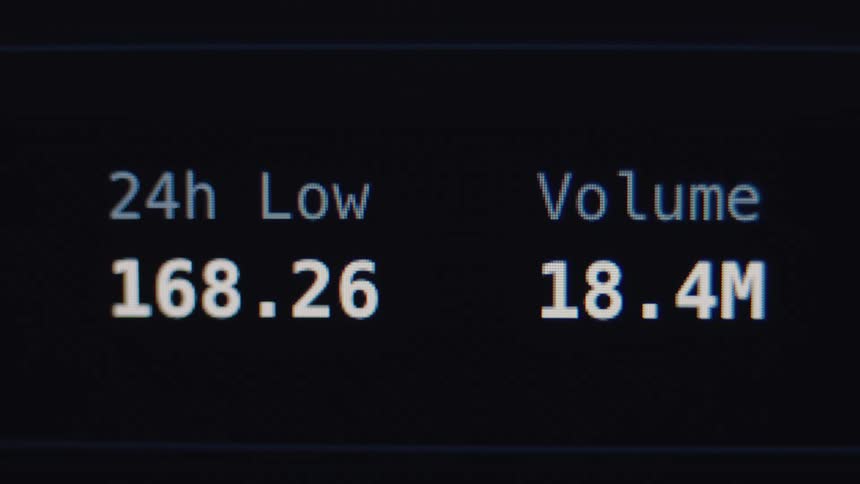 Close up of a financial trading screen displaying the 24-hour low and volume data for a stock or cryptocurrency