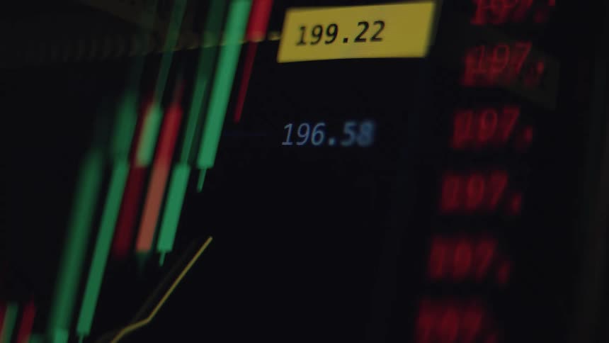 A close-up of a digital stock market chart displays real-time price fluctuations with candlestick patterns on a screen