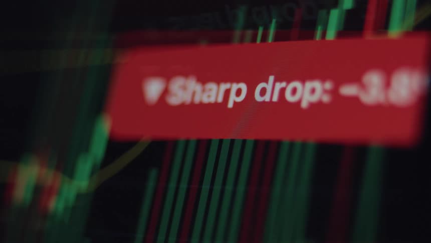 A close-up of a digital stock market chart on a screen shows a red notification alerting to a sharp drop in value