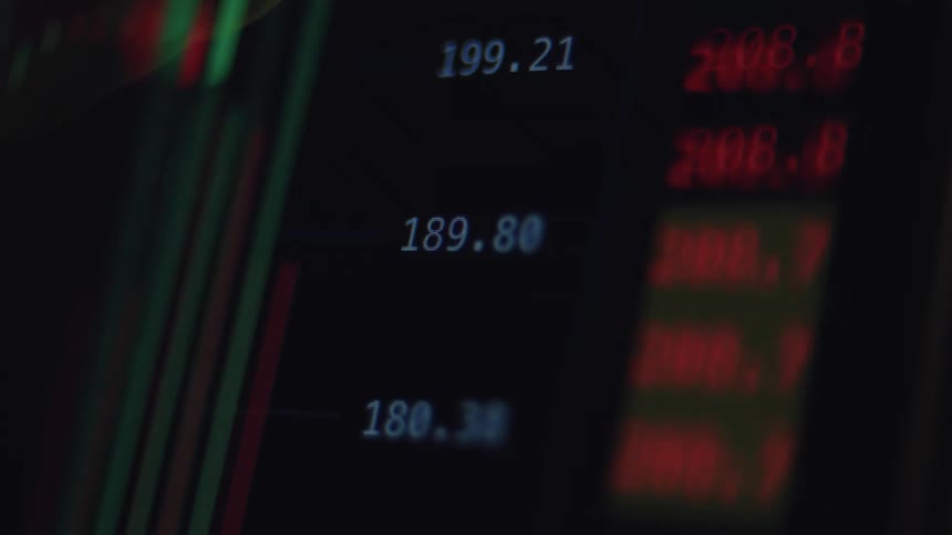 A close-up of a digital screen showing a real-time stock market chart with fluctuating numbers and candlestick patterns