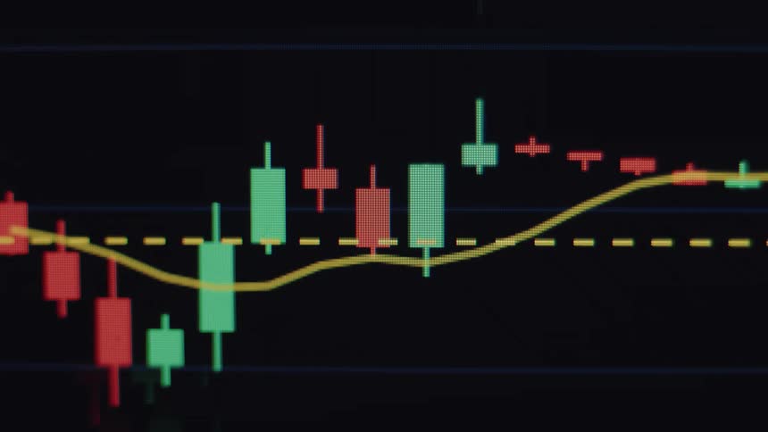 A detailed, close-up view of a live financial candlestick chart showing market volatility with moving green and red bars