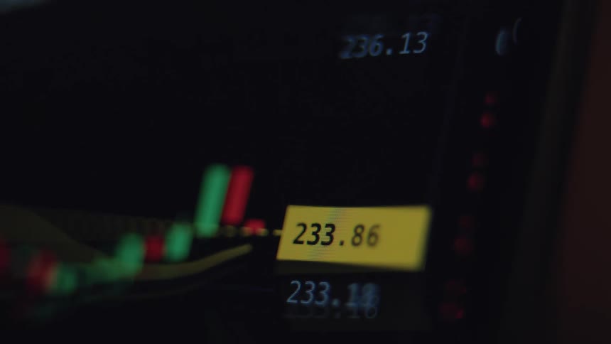 A macro shot of a digital screen displays the volatile movement of stock market prices