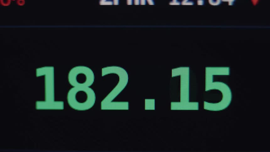 A close-up of a digital stock market ticker showing the fluctuating price of a security in green numbers
